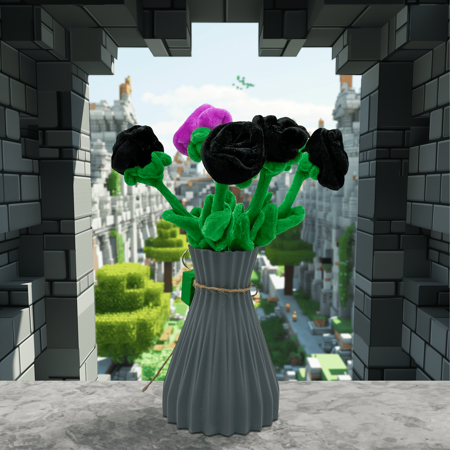 Minecraft Creeper Plush Flowers Bouquet In A Gray Vase, Kawaii Roses, Floral Arrangement